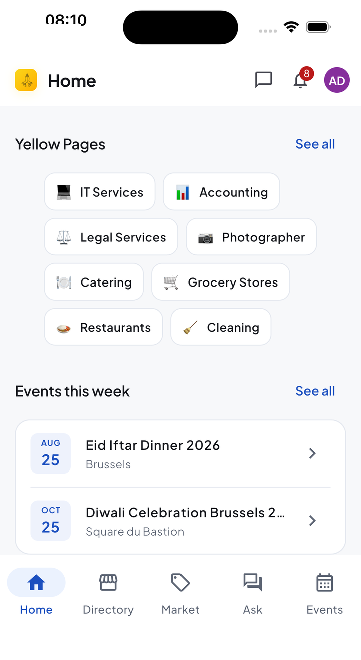 The Namaste Community home screen: Yellow Pages categories and this week's events